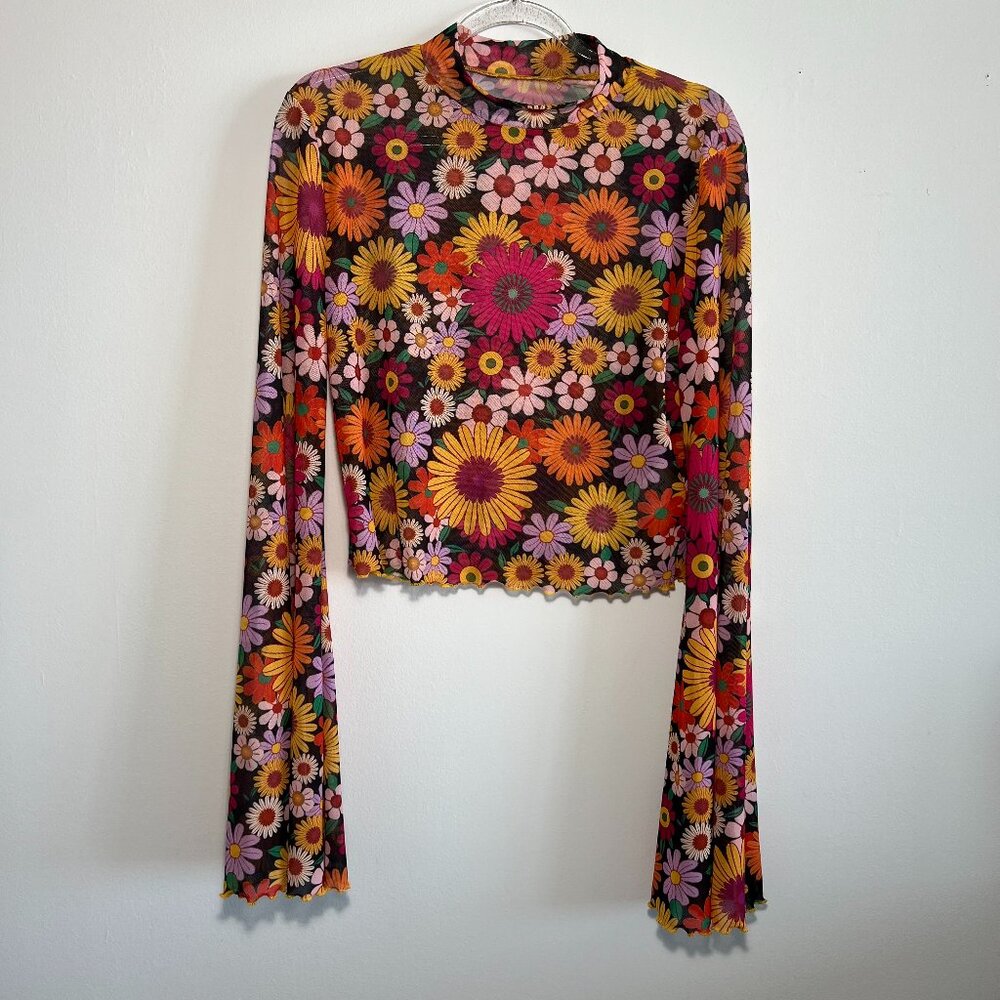 Beaudrm Boho Cropped Long Sleeve Floral Top Bell Sleeve Size M